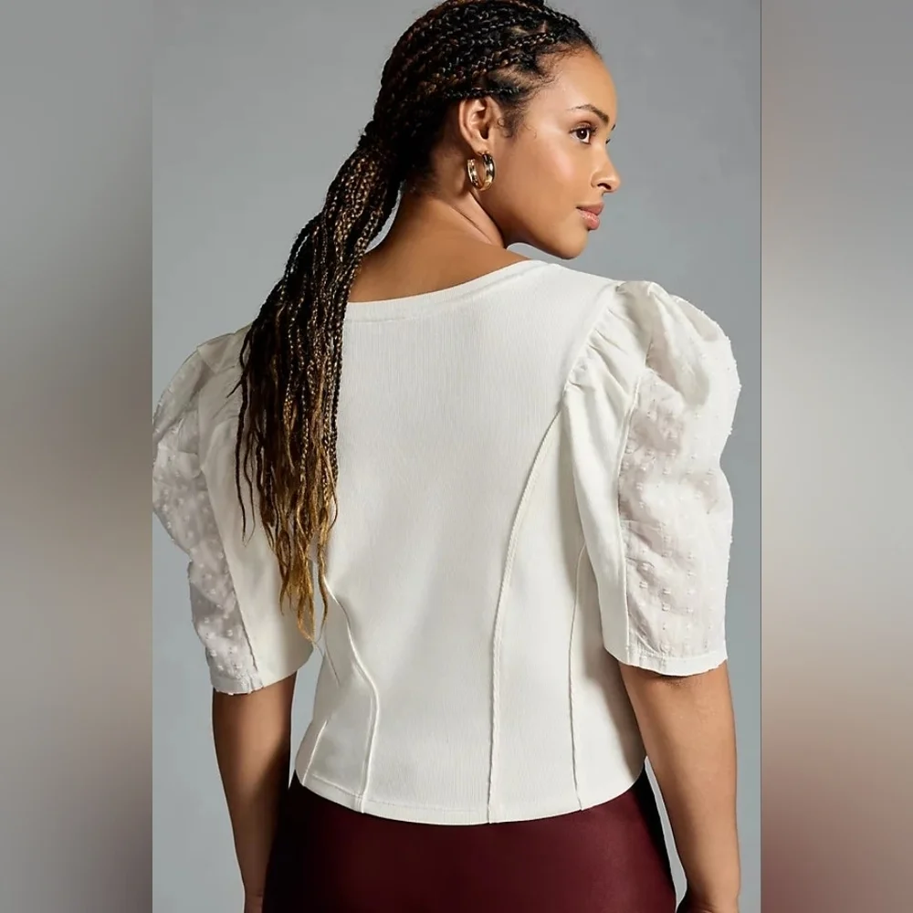 By Anthropologie Puff-Sleeve Structured V-Neck Tee Blouse Top in White Size LG